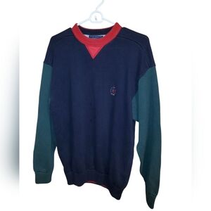 Tommy Hilfiger Navy Crewneck Sweater W/ Forest Green Sleeves and Red Trim Size L
